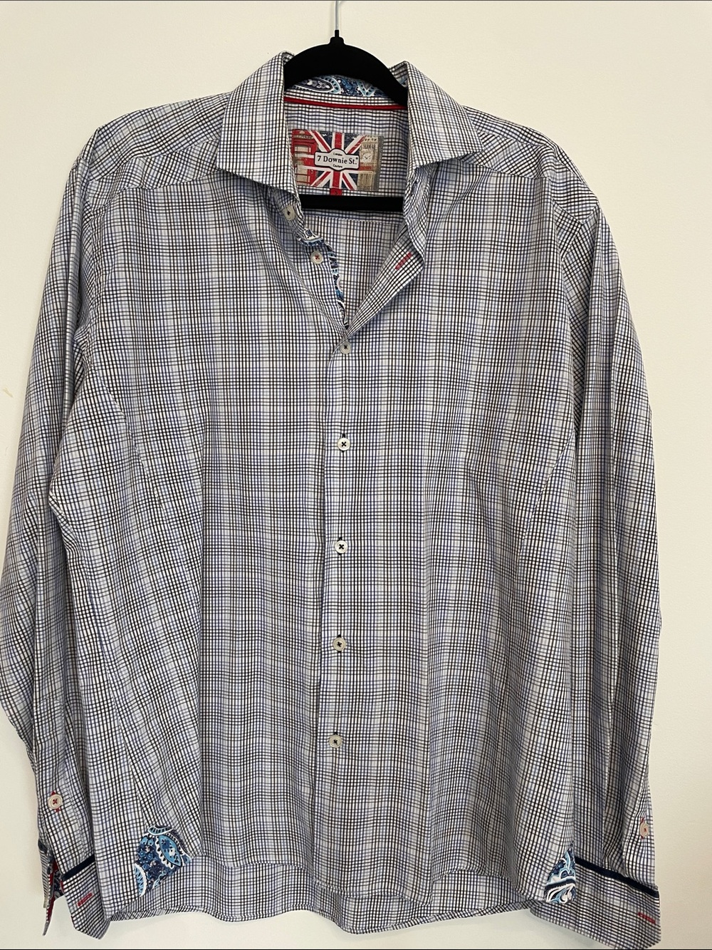 7 Downie St. Men's Blue Micro-Check Button-Down Shirt with Paisley Trim